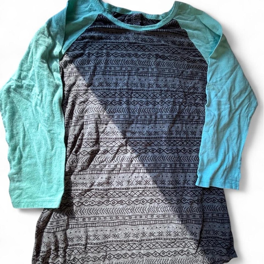 Empyre Womens Gray Black Tribal Geometric Raglan Shirt Teal 3/4 Sleeve M